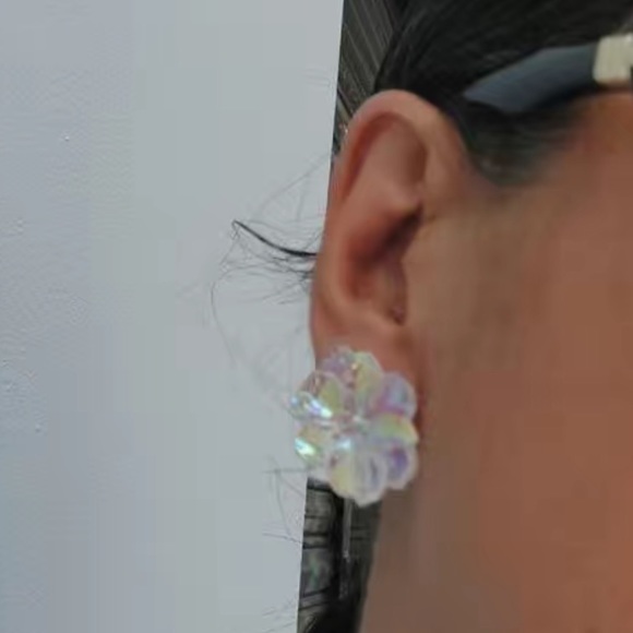 Camellia Iridescent Flower Resin Stud Boho, Holiday Crystal Luxury Earrings - Picture 6 of 10